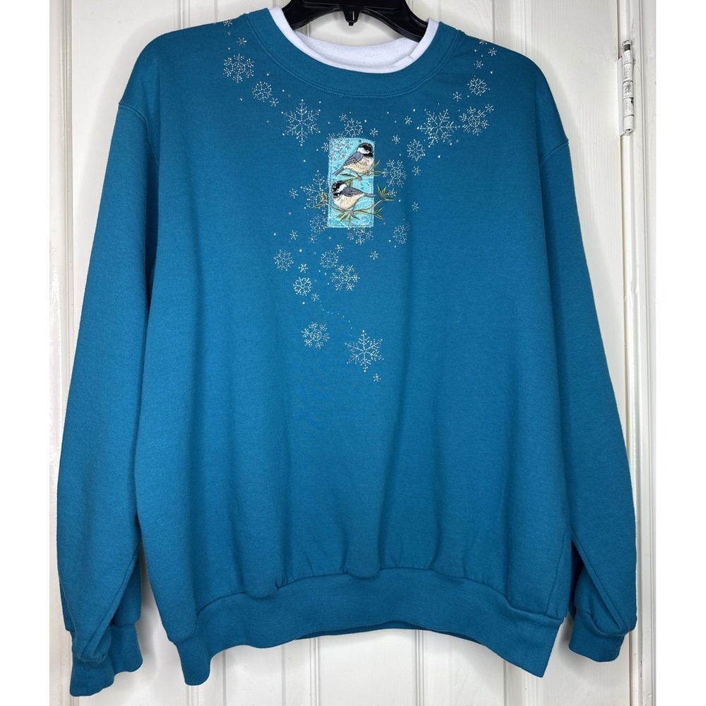 Vtg Morning Sun‎ Green Graphic Grandmacore Christmas Sweatshirt Winter Birds Lg
